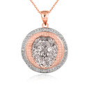 Two-Tone Rose Gold Diamond Lion Textured Coin Protection Medallion Pendant Necklace