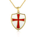 Yellow Gold Medieval Knight Crusader Cross Shield Enamel Pendant Necklace