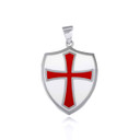 White Gold Medieval Knight Crusader Cross Shield Enamel Pendant