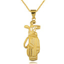 Gold Golf Bag & Clubs Beaded Sports Pendant Necklace (Available in Yellow/Rose/White Gold)