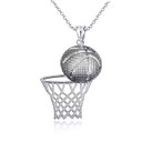 .925 Sterling Silver Basketball & Hoop Beaded Sports Pendant Necklace (S,M,L)