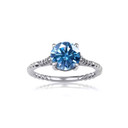 .925 Sterling Silver Blue Topaz Gemstone Ribbed Band CZ Ring