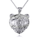 White Gold Roaring Grizzly Bear Head Animal Pendant Necklace