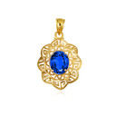 Gold Oval Sapphire Gemstone Greek Key Filigree Love Pendant