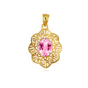 Gold Oval Pink CZ Gemstone Greek Key Filigree Love Pendant