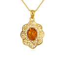 Gold Oval Gemstone Greek Key Filigree Love Pendant Necklace