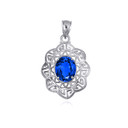 .925 Sterling Silver Oval Sapphire Gemstone Greek Key Filigree Love Pendant
