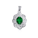 .925 Sterling Silver Oval Emerald Gemstone Greek Key Filigree Love Pendant