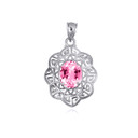 .925 Sterling Silver Oval Pink CZ Gemstone Greek Key Filigree Love Pendant