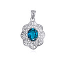 .925 Sterling Silver Oval Blue Topaz Gemstone Greek Key Filigree Love Pendant