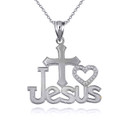 White Gold Cross Heart "I Love Jesus" Beaded Pendant Necklace