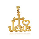 Yellow Gold Cross Heart "I Love Jesus" Beaded Pendant