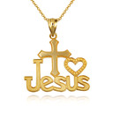 Gold Cross Heart "I Love Jesus" Beaded Pendant Necklace