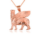 Rose Gold Ancient Assyrian God Lamassu Winged Bull Pendant Necklace