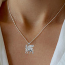 .925 Sterling Silver Ancient Assyrian God Lamassu Winged Bull Pendant Necklace on female model