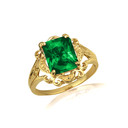 Yellow Gold Radiant Cut Emerald Gemstone Victorian Filigree Ring