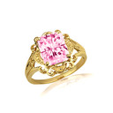 Yellow Gold Radiant Cut Pink CZ Gemstone Victorian Filigree Ring
