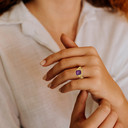 Yellow Gold Radiant Cut Gemstone Victorian Filigree Ring on female model