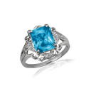 .925 Sterling Silver Radiant Cut Blue topaz Gemstone Victorian Filigree Ring