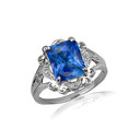 .925 Sterling Silver Radiant Cut Blue Sapphire Gemstone Victorian Filigree Ring