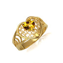 Yellow Gold Citrine Gemstone Heart Filigree Ring
