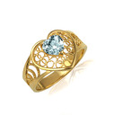 Yellow Gold Aquamarine Gemstone Heart Filigree Ring