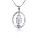 .925 Sterling Silver Mother Virgin Mary Pray for Us Oval Pendant Necklace