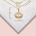 Yellow Gold Royal Princess CZ Heart Crown Pendant Necklace with measurements