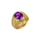 Yellow Gold Oval Gemstone Amethyst Ribbed Nugget Men's Ring