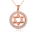 Rose Gold Jewish Star Of David CZ Circle Pendant Necklace
