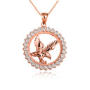 Rose Gold Soaring Eagle CZ Circle Freedom Pendant Necklace
