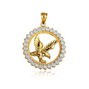 Gold Soaring Eagle CZ Circle Freedom Pendant Necklace