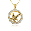 Gold Soaring Eagle CZ Circle Freedom Pendant Necklace (Available in Yellow/Rose/White Gold)