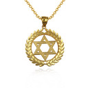 Gold Jewish Star Of David Greek Laurel Wreath Circle Pendant Necklace