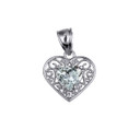 .925 Sterling Silver Filigree Heart Cut  Clear Gemstone Pendant