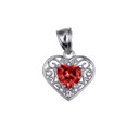 .925 Sterling Silver Filigree Heart Cut Garnet Gemstone Pendant