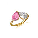 Yellow Gold Pear Cut Pink CZ Gemstone Toi Et Moi Diamond Roped Love Ring