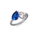 .925 Sterling Silver Pear Cut Sapphire Gemstone Toi Et Moi CZ Roped Love Ring