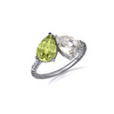 .925 Sterling Silver Pear Cut Peridot Gemstone Toi Et Moi CZ Roped Love Ring