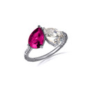 .925 Sterling Silver Pear Cut Ruby Gemstone Toi Et Moi CZ Roped Love Ring