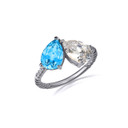 .925 Sterling Silver Pear Cut Blue Topaz Gemstone Toi Et Moi CZ Roped Love Ring