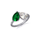 .925 Sterling Silver Pear Cut Emerald Gemstone Toi Et Moi CZ Roped Love Ring