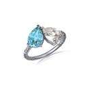 .925 Sterling Silver Pear Cut Aquamarine Gemstone Toi Et Moi CZ Roped Love Ring