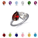 .925 Sterling Silver Pear Cut Garnet Gemstone Toi Et Moi CZ Roped Love Ring