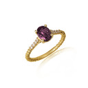 Gold Oval Amethyst Gemstone Diamond Roped Twist Ring