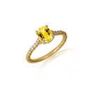 Gold Oval Citrine Gemstone Diamond Roped Twist Ring