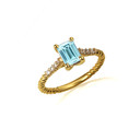 Gold Emerald Cut Aquamarine Gemstone Diamond Roped Twist Ring