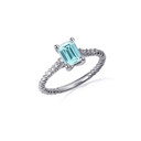 .925 Sterling Silver Emerald Cut Aquamarine Gemstone CZ Roped Twist Ring