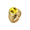 Gold Oval Citrine Gemstone Ribbed Striped Men's Ring