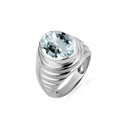 .925 Sterling Silver Oval Aqua Gemstone Ribbed Striped Men's Ring